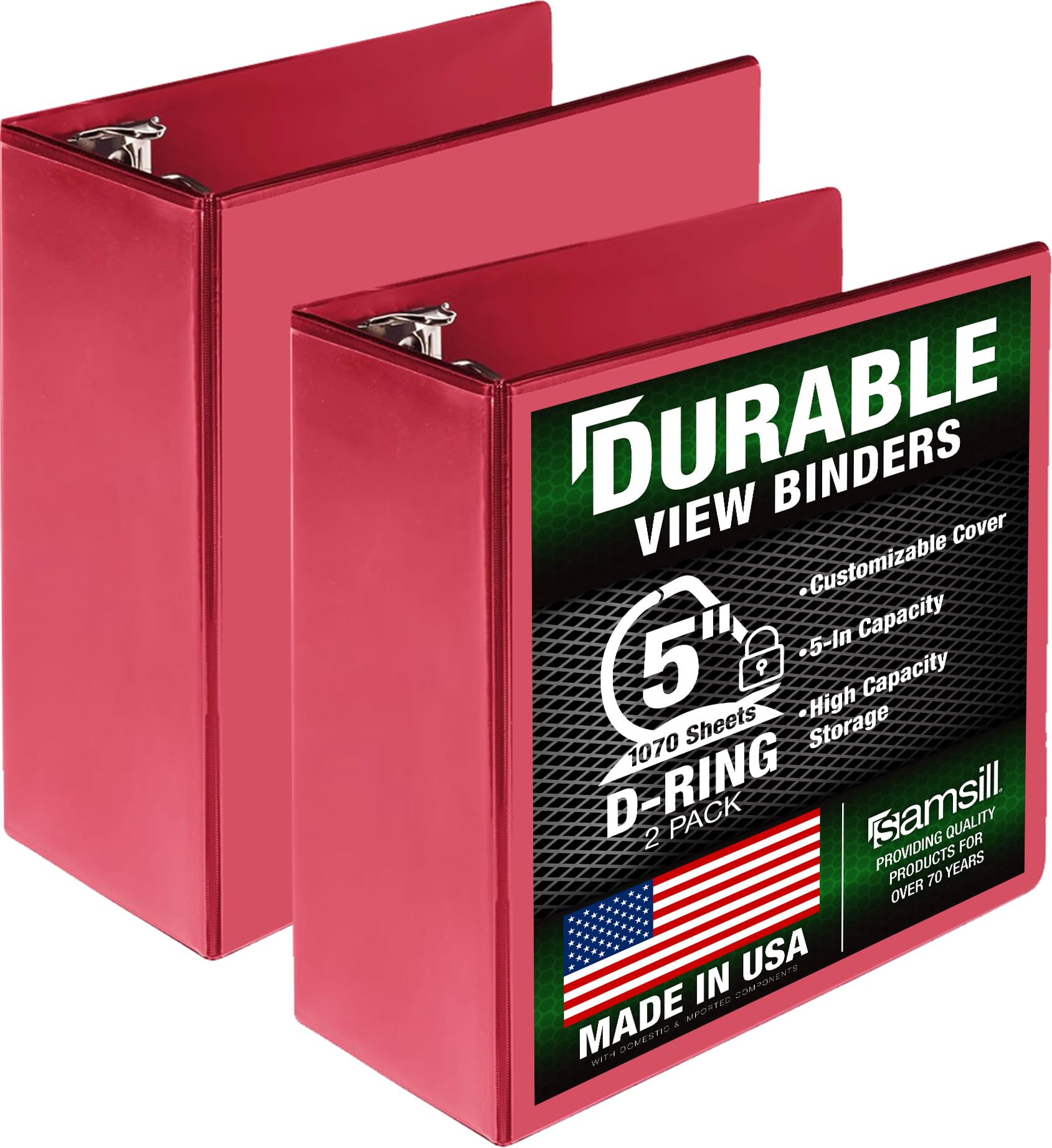 Samsill Durable 5 Inch 3 Ring Binder, D Ring Binder, Customizable Clear View, Red, 2-Pack, Holds 1070 Pages