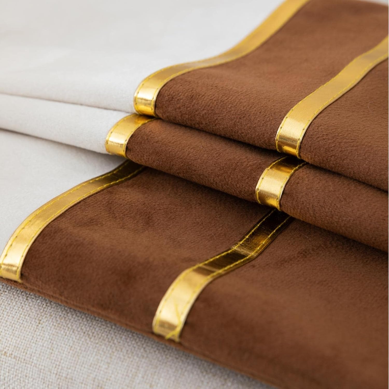 ZLINA Set of 2 Velvet Decorative Throw Pillow Covers Brown White Patchwork with Gold Leather Pillow Covers 22 × 22 Inch Cushion Covers Decor Living Room Sofa Bedroom Car