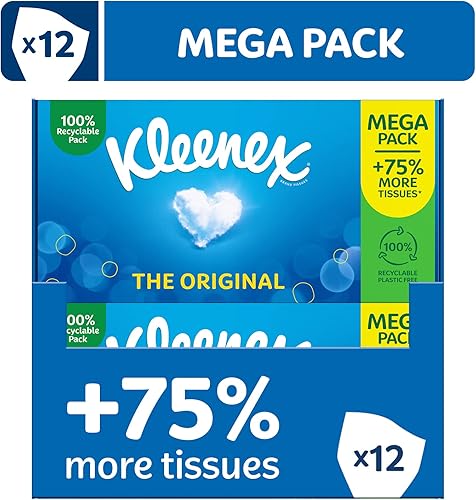 Kleenex Pañuelos originales, Mega Pack 1,344 hojas (12 cajas x 112 hojas) Siempre suave y fuerte para el uso diario Ahora 75% más pañuelos en una