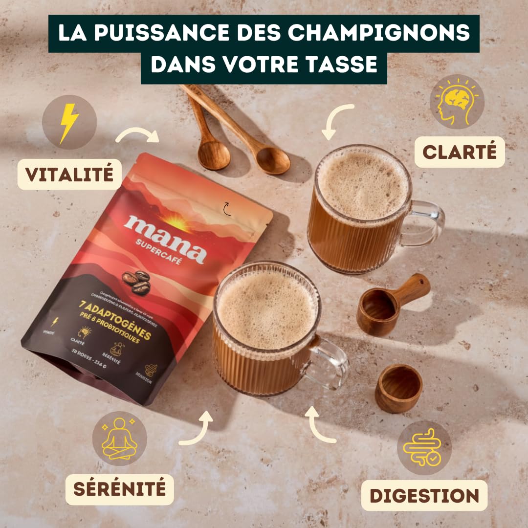 Café Adaptogène aux Champignons | Énergie sans Crash | Lion's Mane, Reishi, Ashwagandha, Cordyceps, Chaga, Rhodiola, Maca | Probiotiques | Poudre 216g 30 Doses | Mana Supercafé