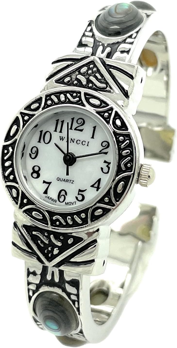 Ladies Silver Metal Bangle Cuff Fashion Watch with Stones Pearl Dial