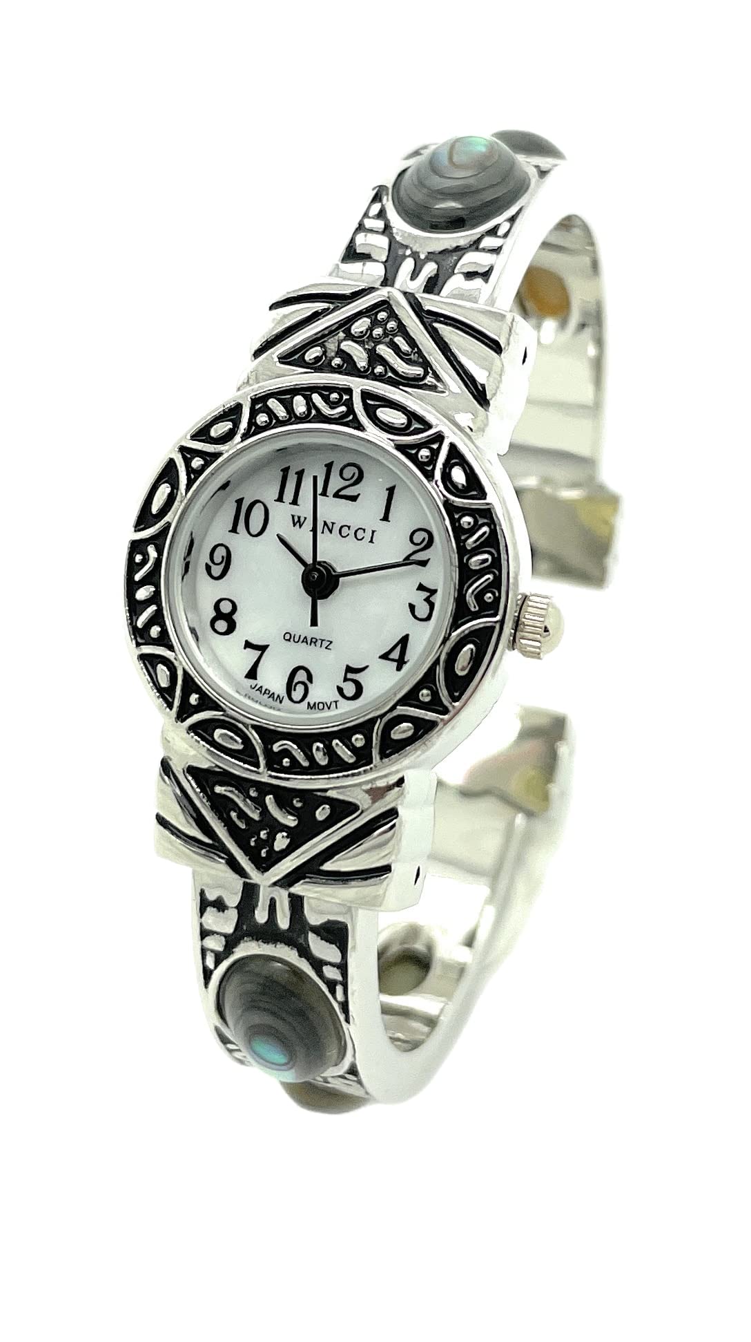 WincciLadies Silver Metal Bangle Cuff Fashion Watch with Stones Pearl Dial