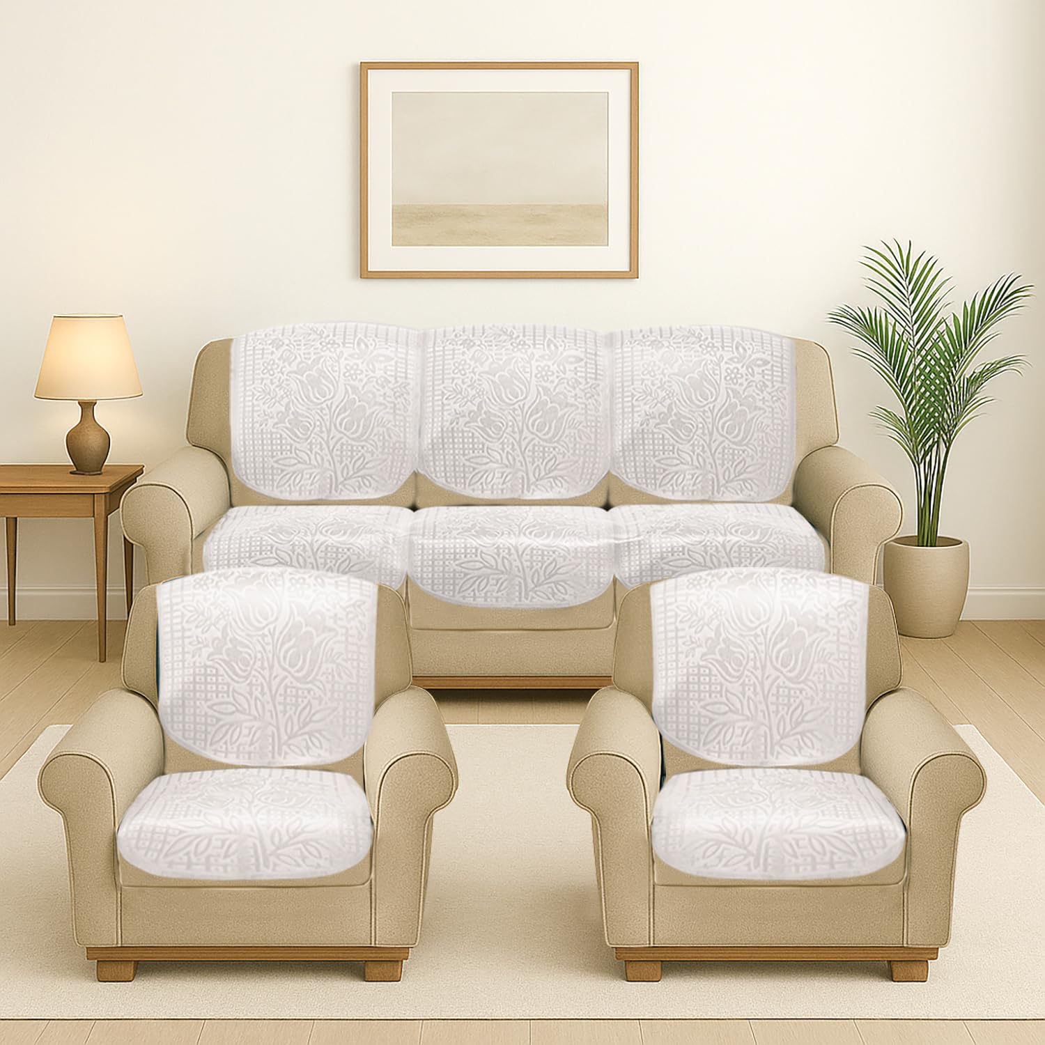 Cloth Fusion Italian Velvet Sofa Cover 5 Seater Set, Perfect Floral Embossed Sofa Cover 3 Seater and 2 Seater for Living Room (3+1+1, Bone White)-image-41