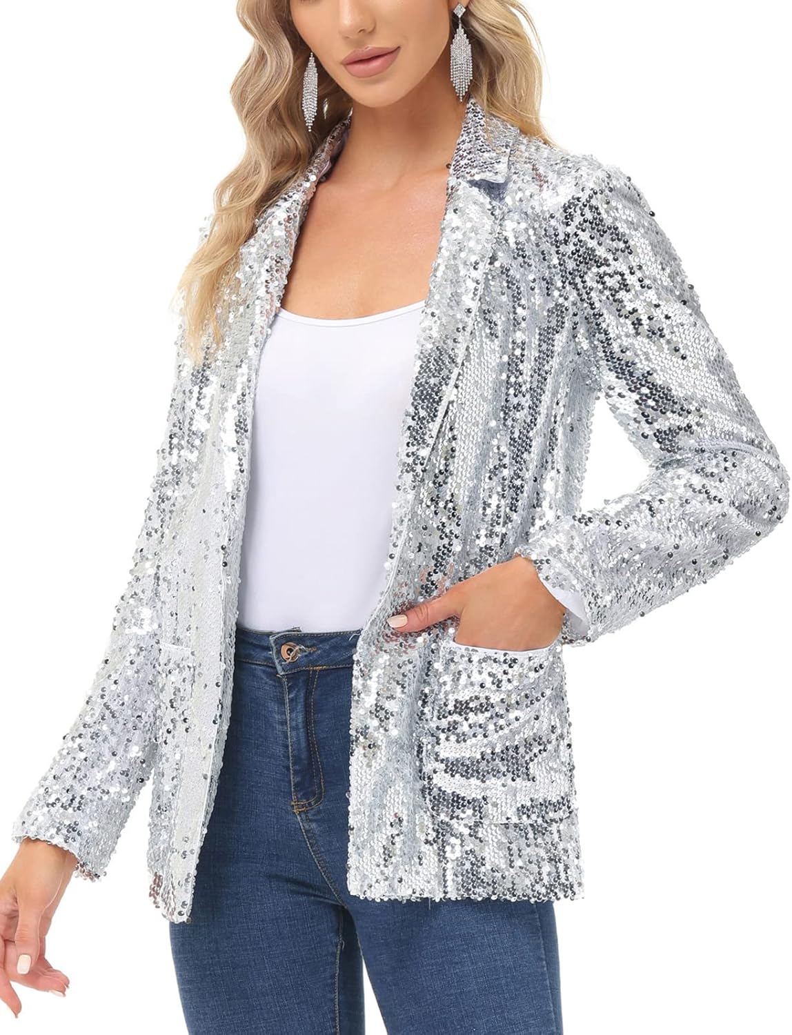 KANCY KOLE Women's Sequin Jackets Open Front Blazer Jacket Casual Long Sleeve Sparkly Cardigan Coat with Pocket S-XXL