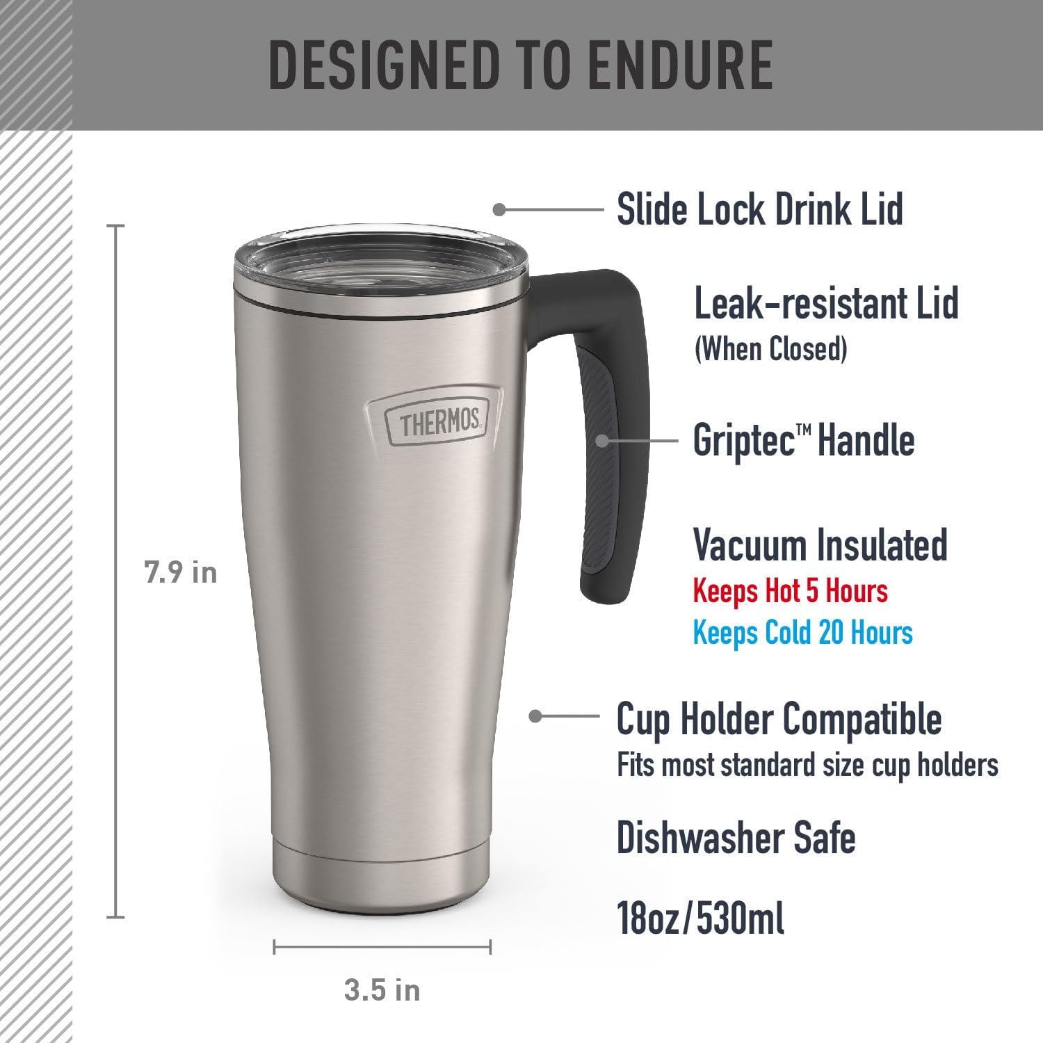 THERMOS ICON SERIES, Stainless Steel Mug with Slide Lock, 18 Ounce, Matte Stainless Steel - Image 3