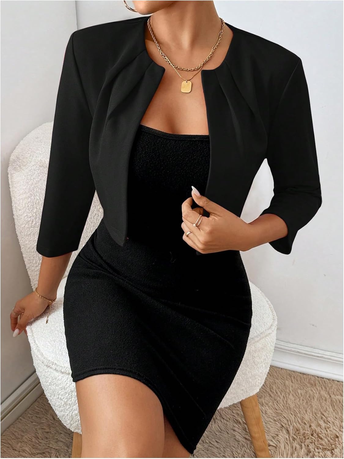 SOLY HUX Women's Blazer Jacket Open Front 3/4 Sleeve Pleated Work Office Cropped Jacket - Image 5