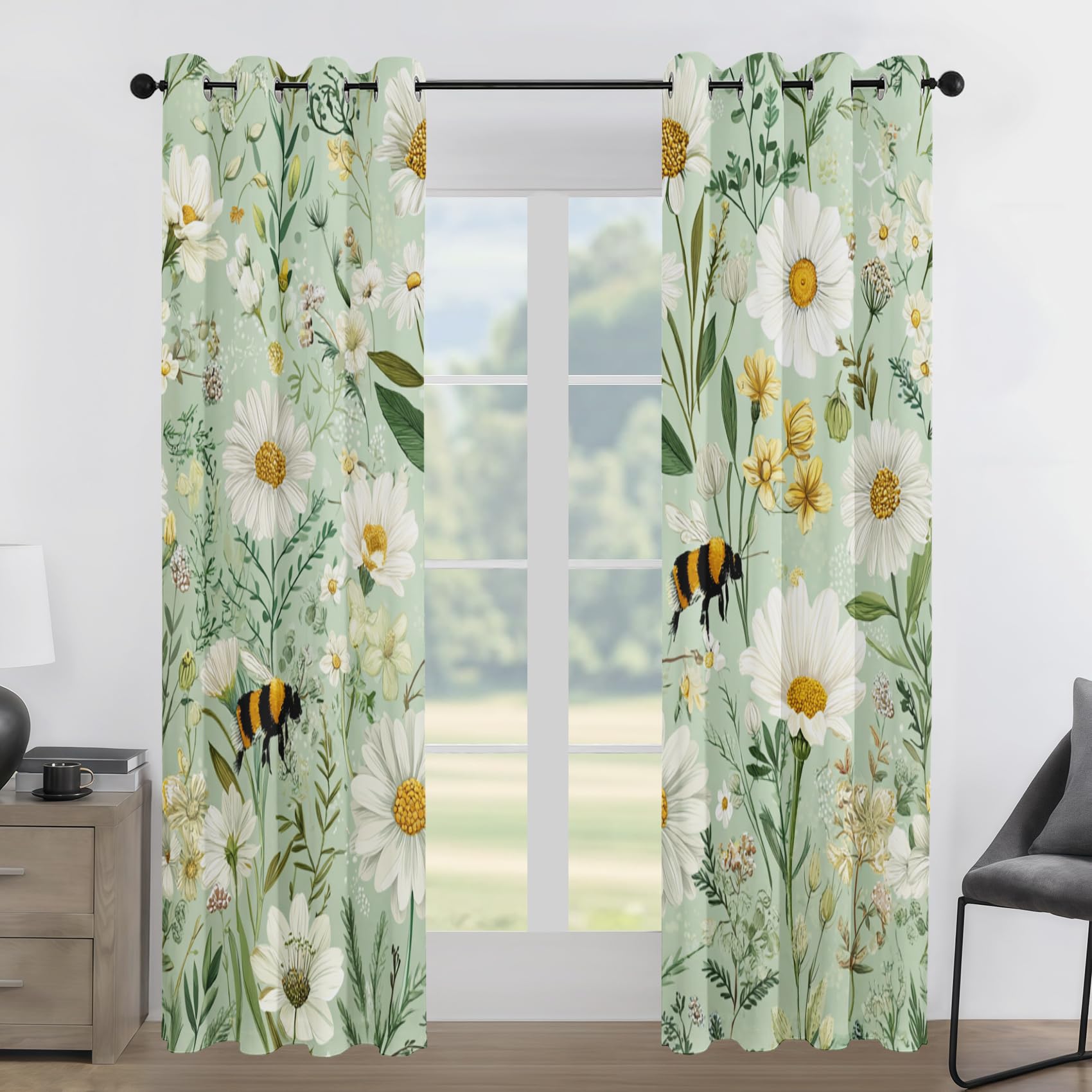 Générique Rideau Marguerite Abeille Rideaux Chambre Salon Fleur Vintage Rideau Occultant Thermique Isolant Anti-Chaleur Phonique Lot de 2 Rideaux à Oeillets 140x260 cm YGY38s