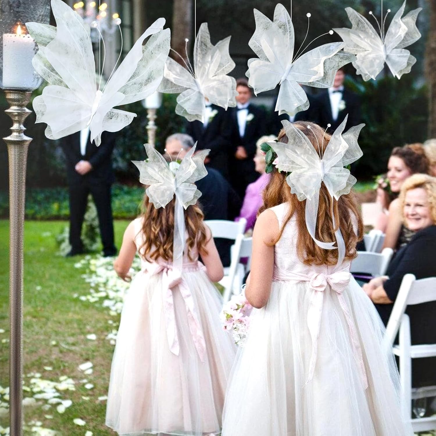 OBBOLO 3D Hanging Butterfly Decorations, White Butterfly Birthday Party Decorations, 5 Pcs Water-Repellent Paper Butterfly Hanging Decorations for Girls, Women, Flower Garden Party Décor