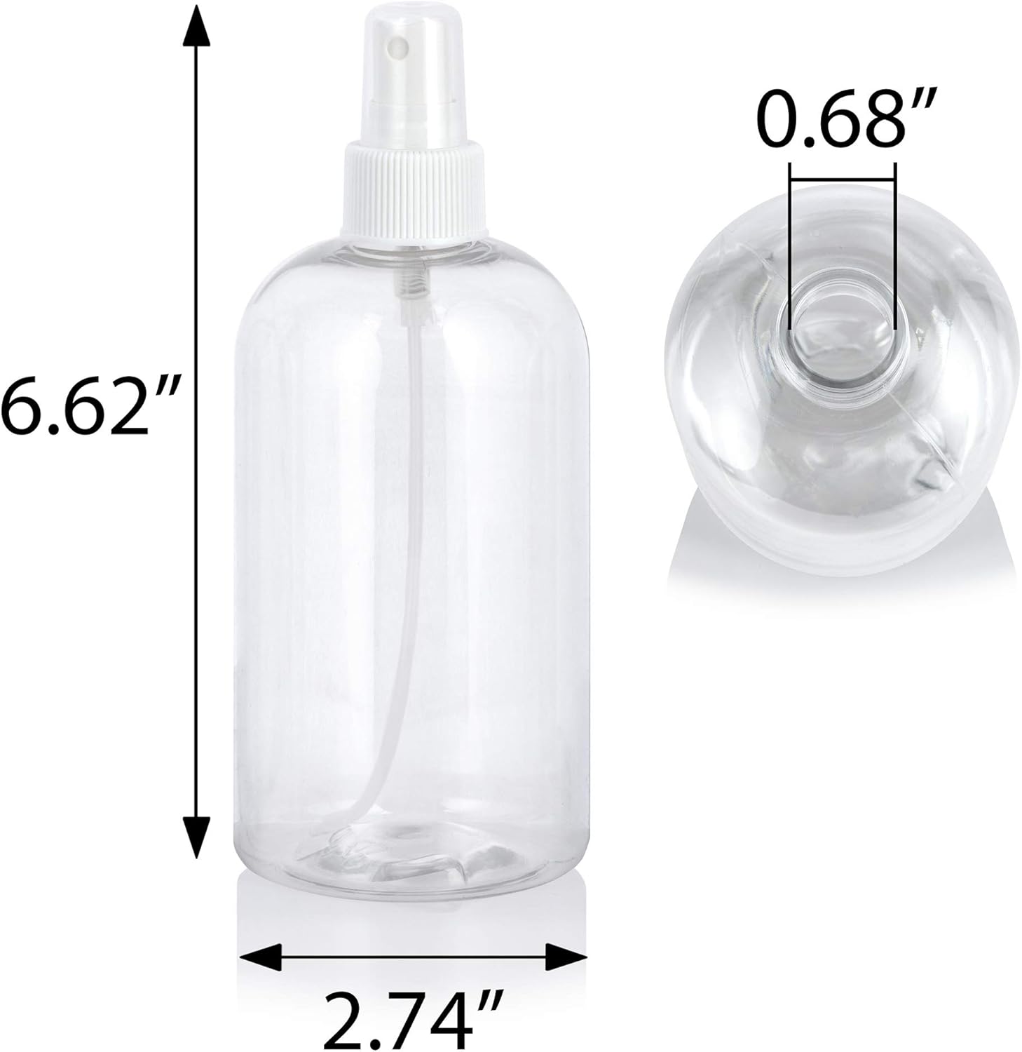 JUVITUS 12 oz Clear Plastic PET Squat Boston Round Bottle (BPA Free) with White Fine Mist Spray (12 pack)