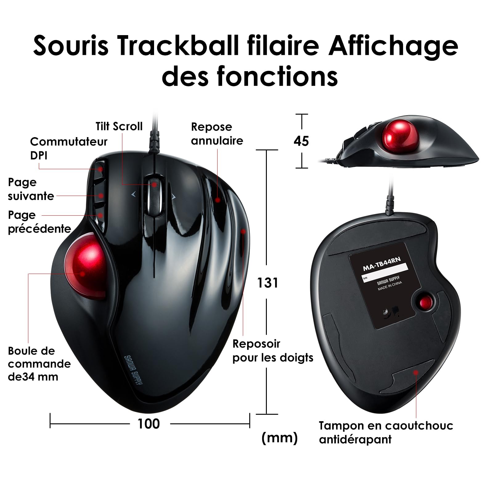 SANWA Souris Trackball Filaire, Molette de Défilement 4 Directions, 6 Boutons Programmables, 400-1600 DPI, Repose-Doigt, Réduction des Douleurs au Poignet, Compatible avec Windows, Mac, PC, Noir