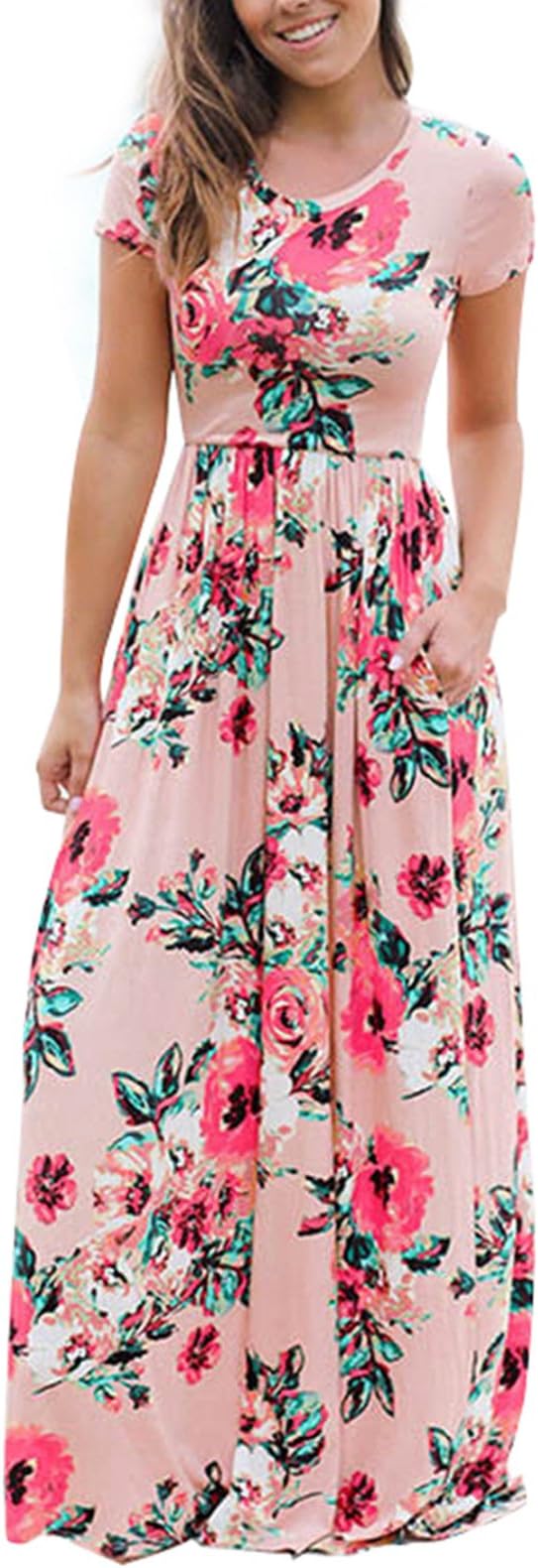LANREMON Women's Floral Print Rose Maxi Retro Bohemian Long Dress Summer 3/4 Sleeve Round Neck Pocket Pleated Robe Pink 1 M