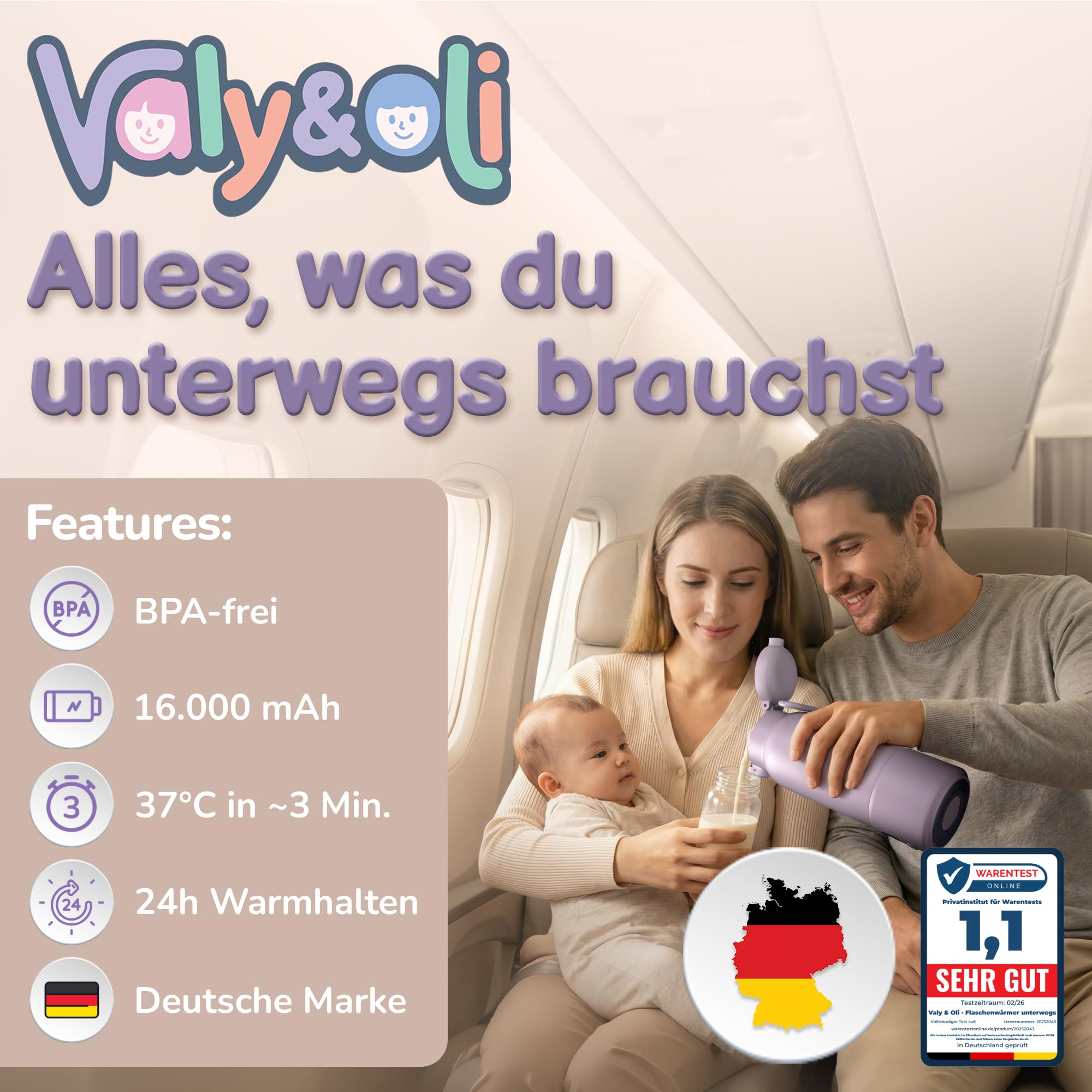 Valy&Oli® Flaschenwärmer Baby Unterwegs [Power 16.000mAh Akku] - Blitzschnell in 3 Min auf 37°C [Bis 100°C] - Tragbarer Milchwärmer [500ml] - Auslaufsicherer Babyflaschenwärmer (Lavendel-Lila)