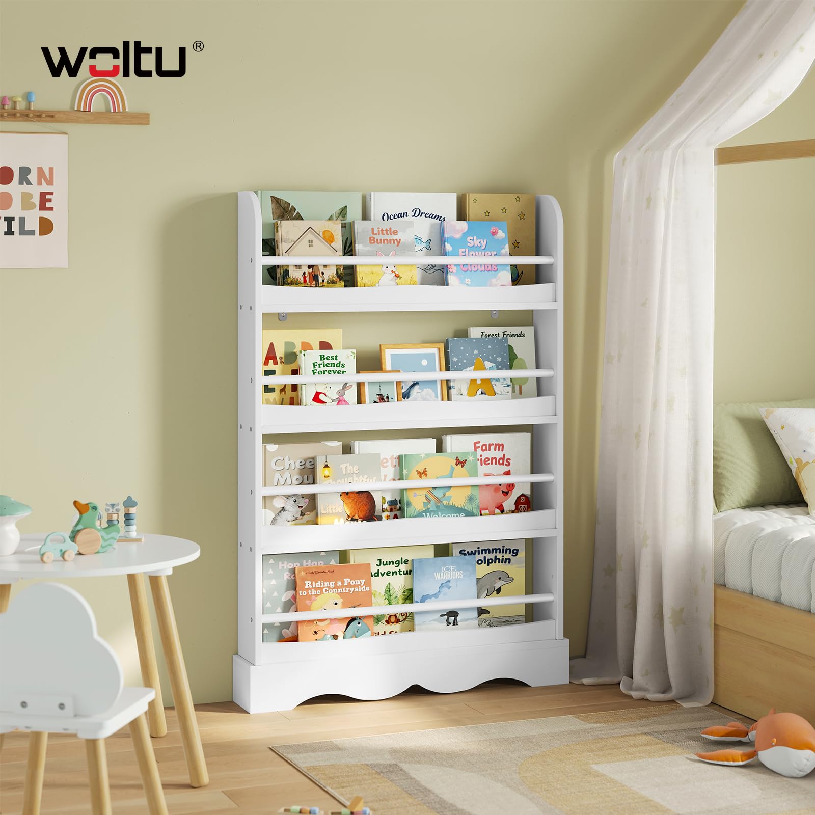 WOLTU Libreria Montessoriana per Bambini, Scaffale Porta Libri Salvaspazio a 4 Ripiani, Piccola Libreria a Muro in Legno, per Cameretta, Stanza dei Giochi, 80x12x118cm