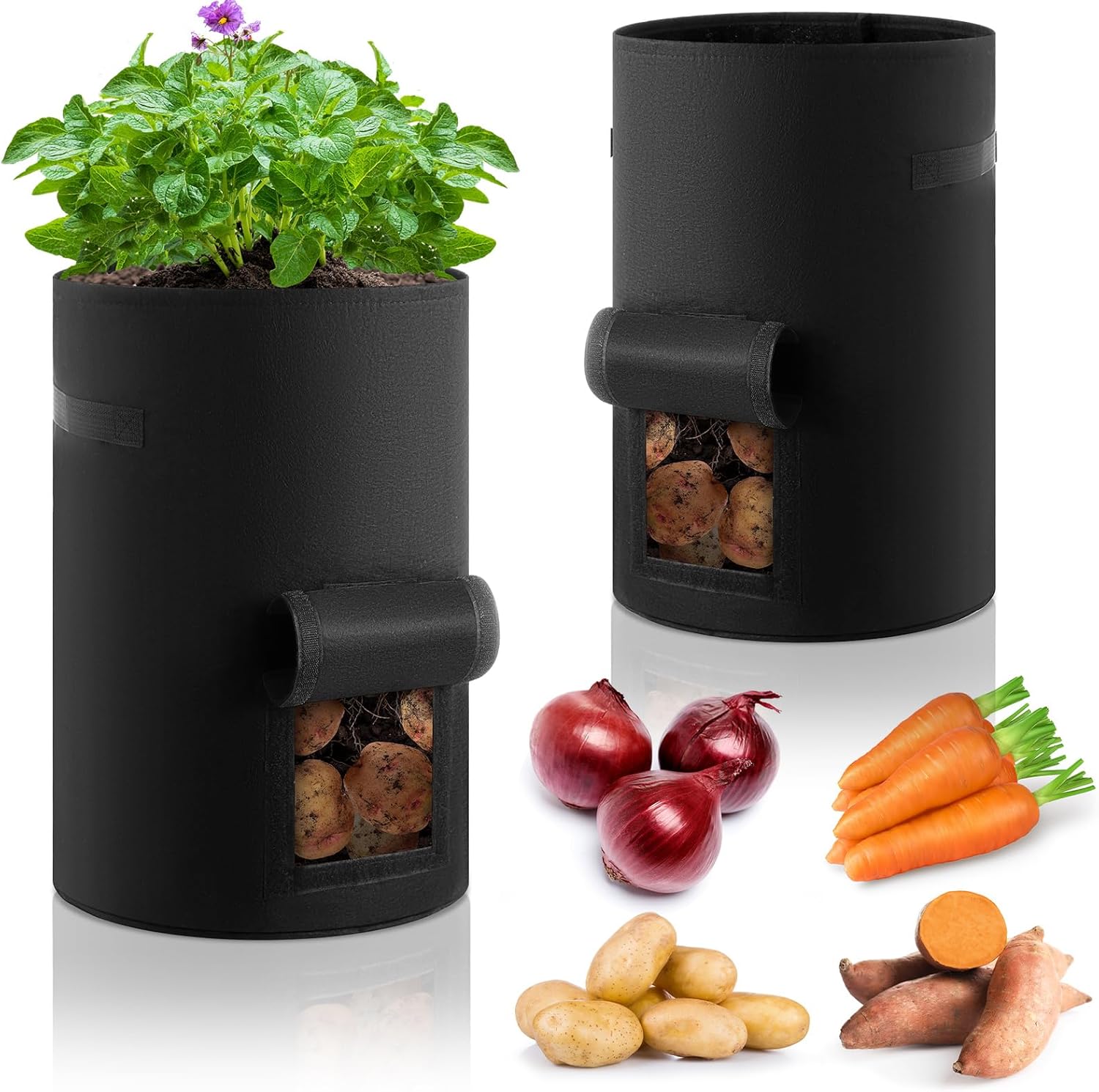 2 Pack 30 Gallon Potato Grow Bags with Harvest Window, Durable Garden Planter Bags with Handles for Potatoes, Tomatoes, and Vegetables - Indoor & Outdoor Gardening Supplies (Black)