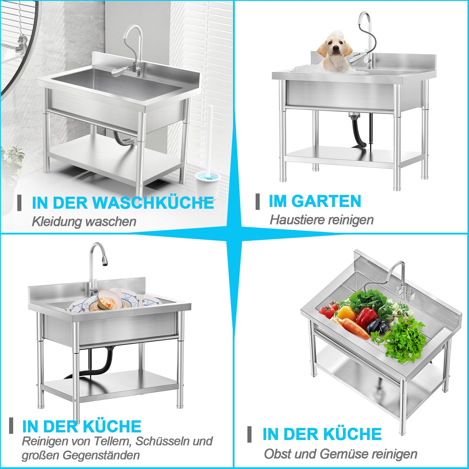 RiveraSink Spültisch Edelstahl Freistehend mit Wasserhahn – Gastro Spültisch 1 Becken, 100x55x80 cm, XL Edelstahl Spüle mit Unterablage, Gewerbliche Küchenspüle für Küche, Garten, Waschküche, Garage