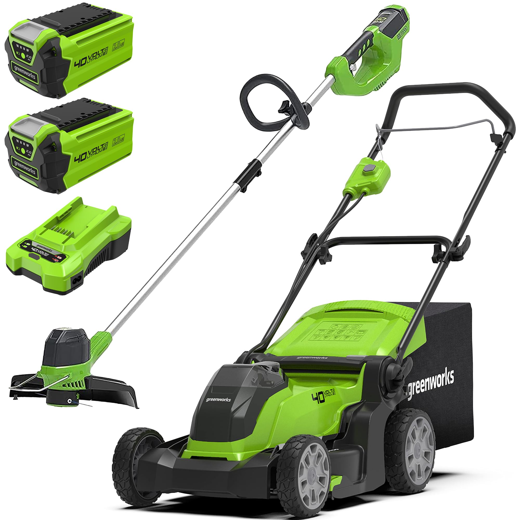 Greenworks 40V Kabelloser Akku Rasenmäher 41 cm Schnittbreite mit 2x 2Ah-Akkus und Ladegerät G40LM41K2X Boni 40V Rasentrimmer, Rasentrimmer Nur Werkzeug G40LT