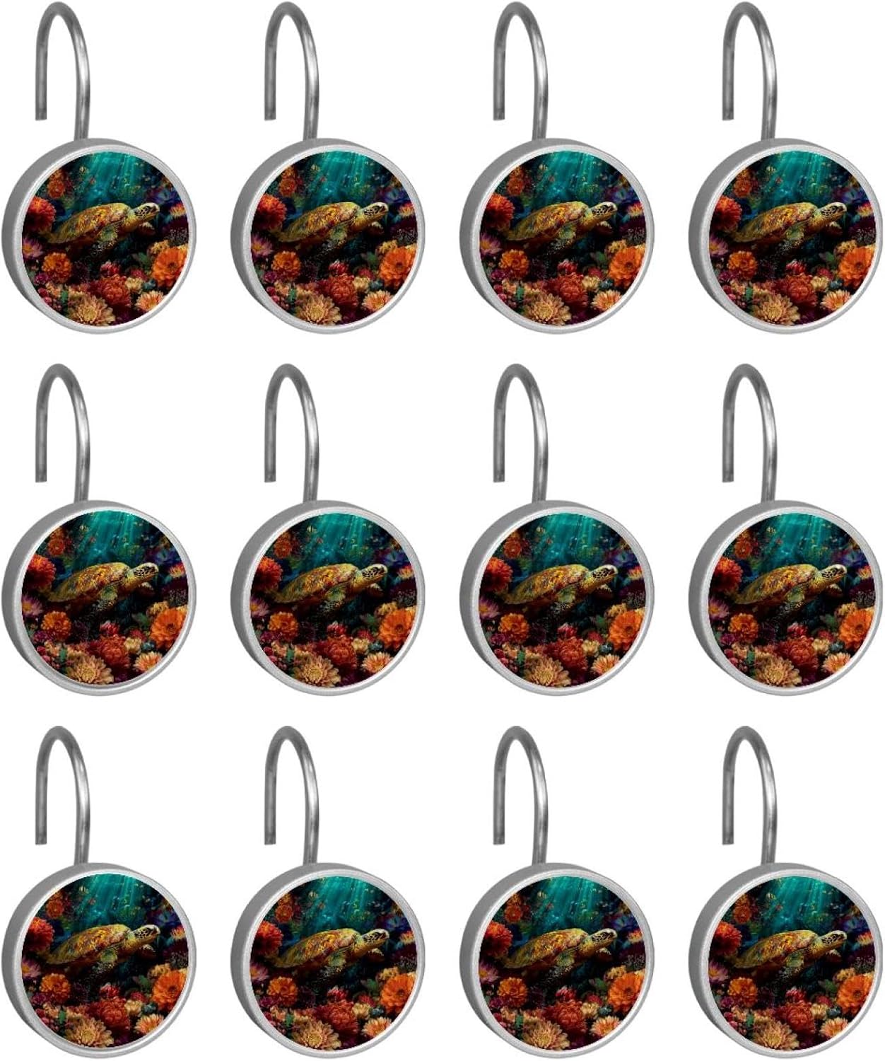 Flower Animal Tropical sea Ocean (2) Round Crystal Glass Decorative Shower Curtain Hooks with 3D Pattern Visual, Rust Proof Shower Curtain Rings-12 Pack