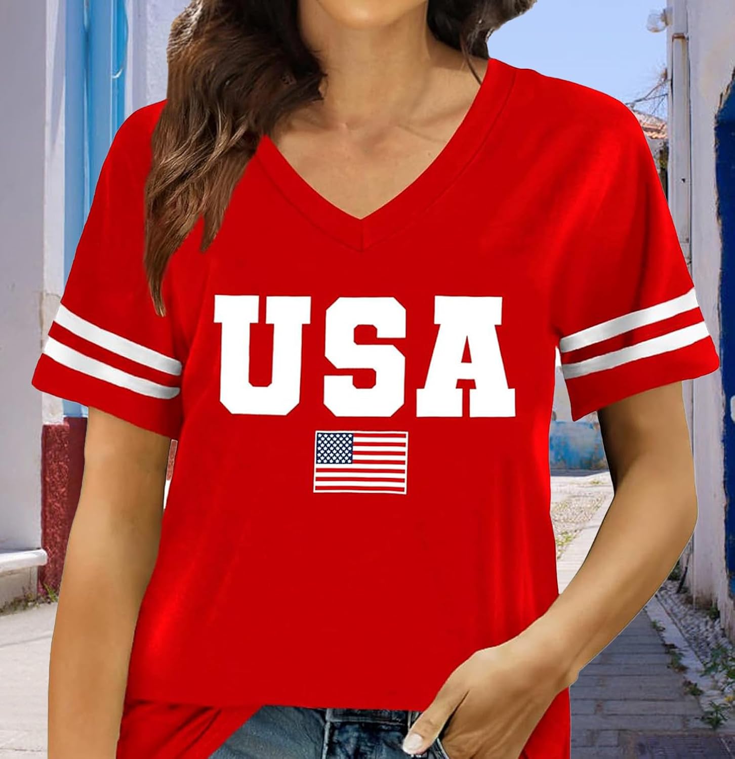 American Flag V-Neck Shirts for Women USA Patriotic T-Shirt 4th of July Tee Tops - Image 2