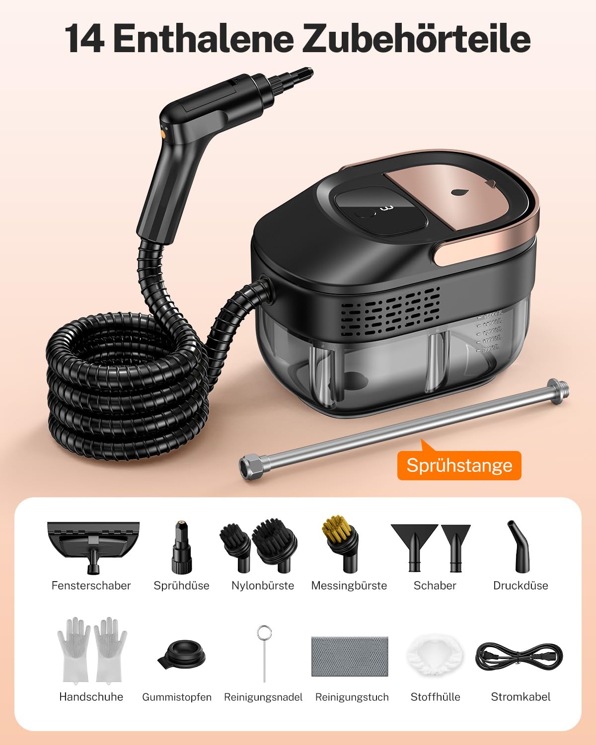 ODSD Dampfreiniger Handgerät für Haushalt und Auto 15s Aufheizzeit | 3 BAR Hochdruckdampf, 1,6L großer Tank, 3-stufig einstellbarer Dampfreiniger, für Küche, Bad, Fenster und Boden Reinigung