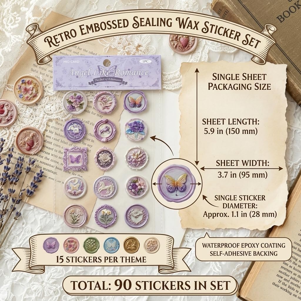 90PCS Vintage Wax Seal Stickers, Floral & Butterfly Envelope Stickers