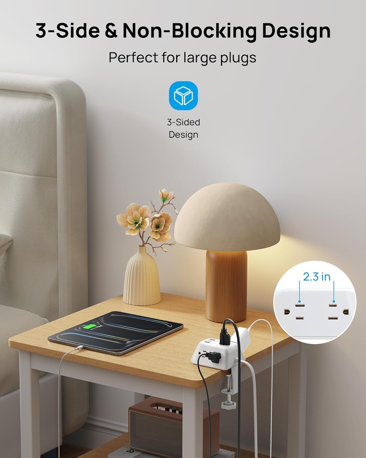 Desk Clamp Power Strip, Surge Protector with 5 AC Outlets and 3 USB Ports, Desk Mount Charging Station, Fit 1.97in Tabletop Edge Thick, 10FT Extension Cord, for Home Office Gaming Accessories, White