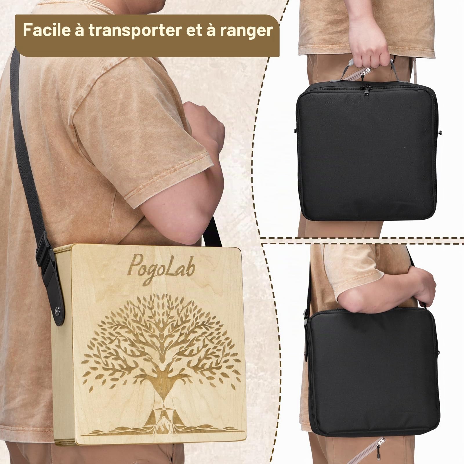 POGOLAB Cajon de voyage multi-tons, cajon box drum portable avec sac de transport et sangle, cahon en bouleau avec motif artisanal, instrument de percussions cadeau pour débutant