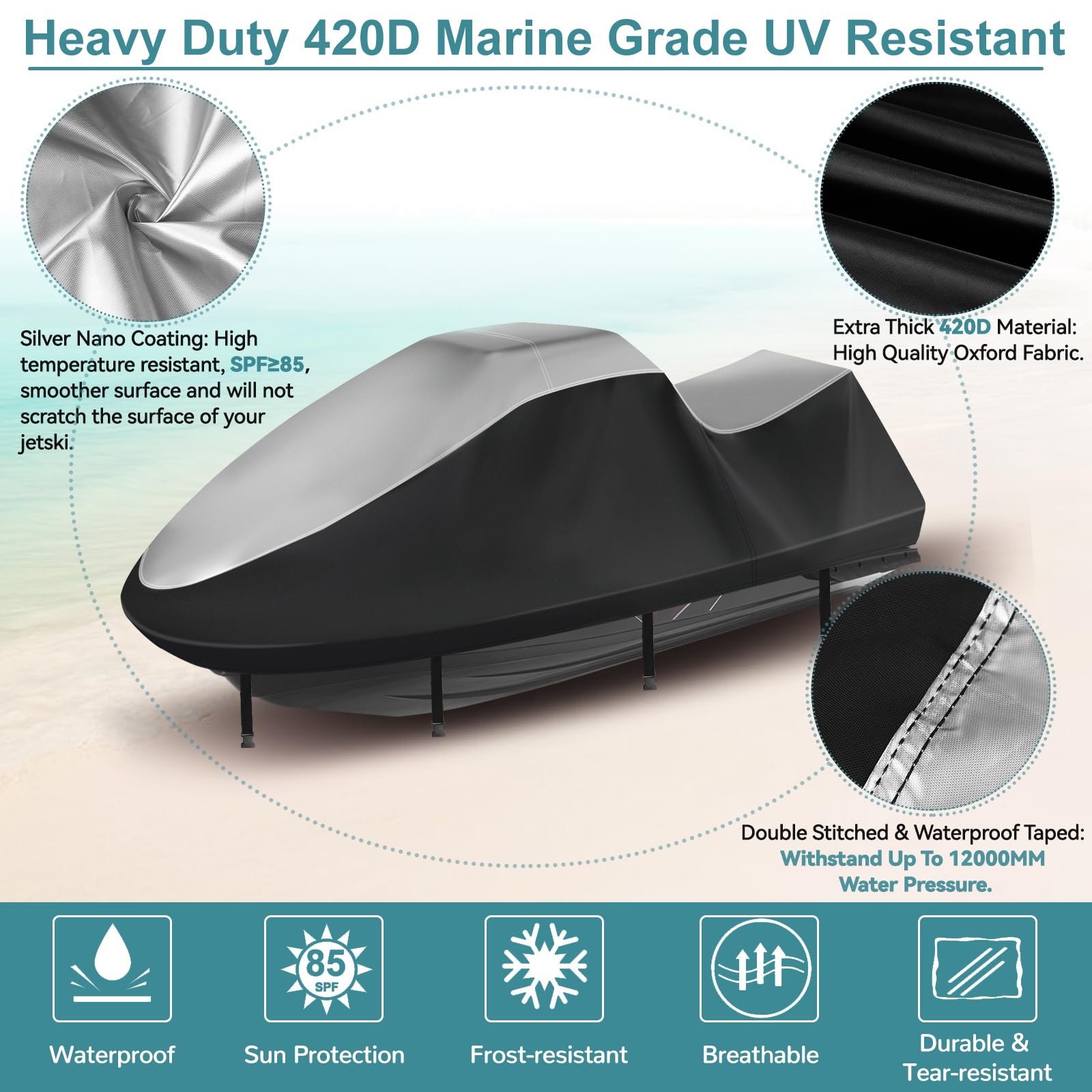 Jetski, telo di copertura impermeabile, 420D, rivestimento in nanosilber, resistente ai raggi UV, accessorio universale Jetski con 2 aperture di ventilazione, strisce impermeabili (argento nero, XXL
