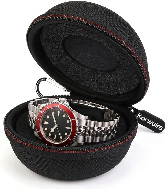 Korwuira Travel Watch Case for Men Women, Fits 35-52mm Watches, Black | 1680D Impact & Rain-resistant Nylon Shell, Velvet Lining, Foam Insert Holds Snug, Clips to Bags, Great Gift for Watch Lovers