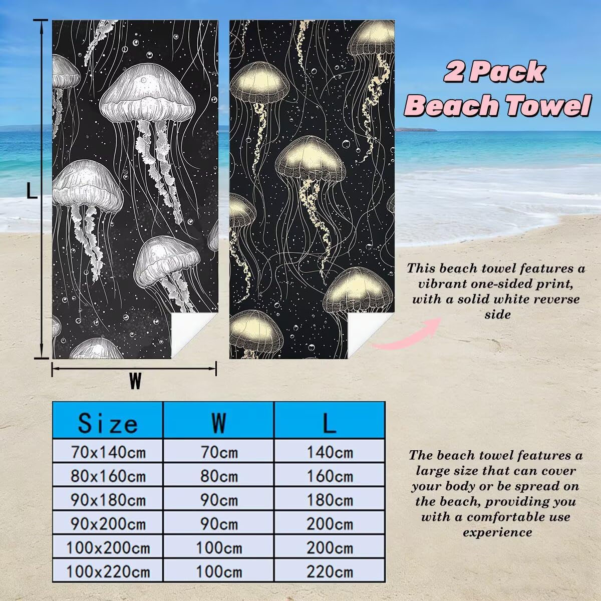 Ręcznik plażowy 100 x 200 cm, ręcznik gimnastyczny z mikrofibry szybkoschnący zestaw 2 ręczników plażowych, lekki kompaktowy ręcznik z mikrofibry duży do podróży, prezent dla mężczyzn i kobiet (meduza