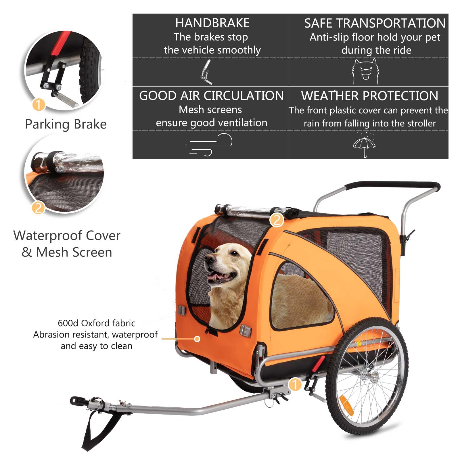 SEPNINE Rimorchio Per Cani 2 In 1 Per Bicicletta, Rimorchio Per Cani, Con Freni, Finestre In Plastica Trasparente Proteggono Dalla Pioggia