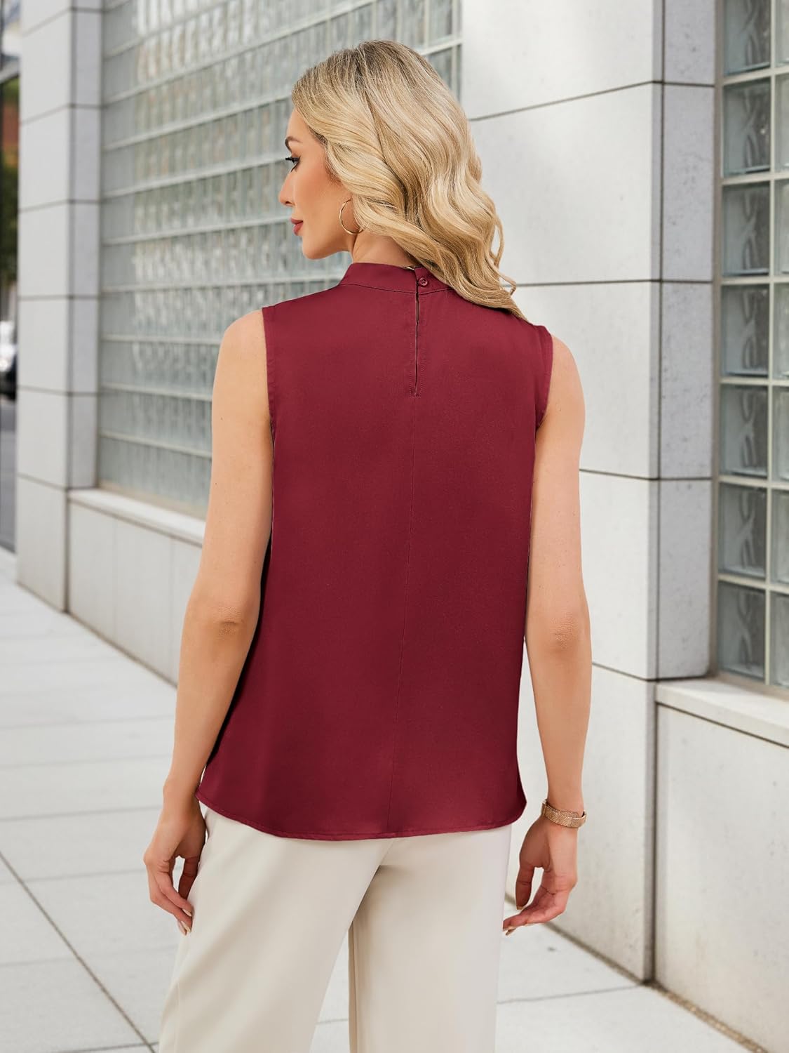 Funlingo Womens Satin Tank Tops Summer Sleeveless Mock Neck Dressy Blouses Pleated Work Shirts Business Casual Outfit - Image 4