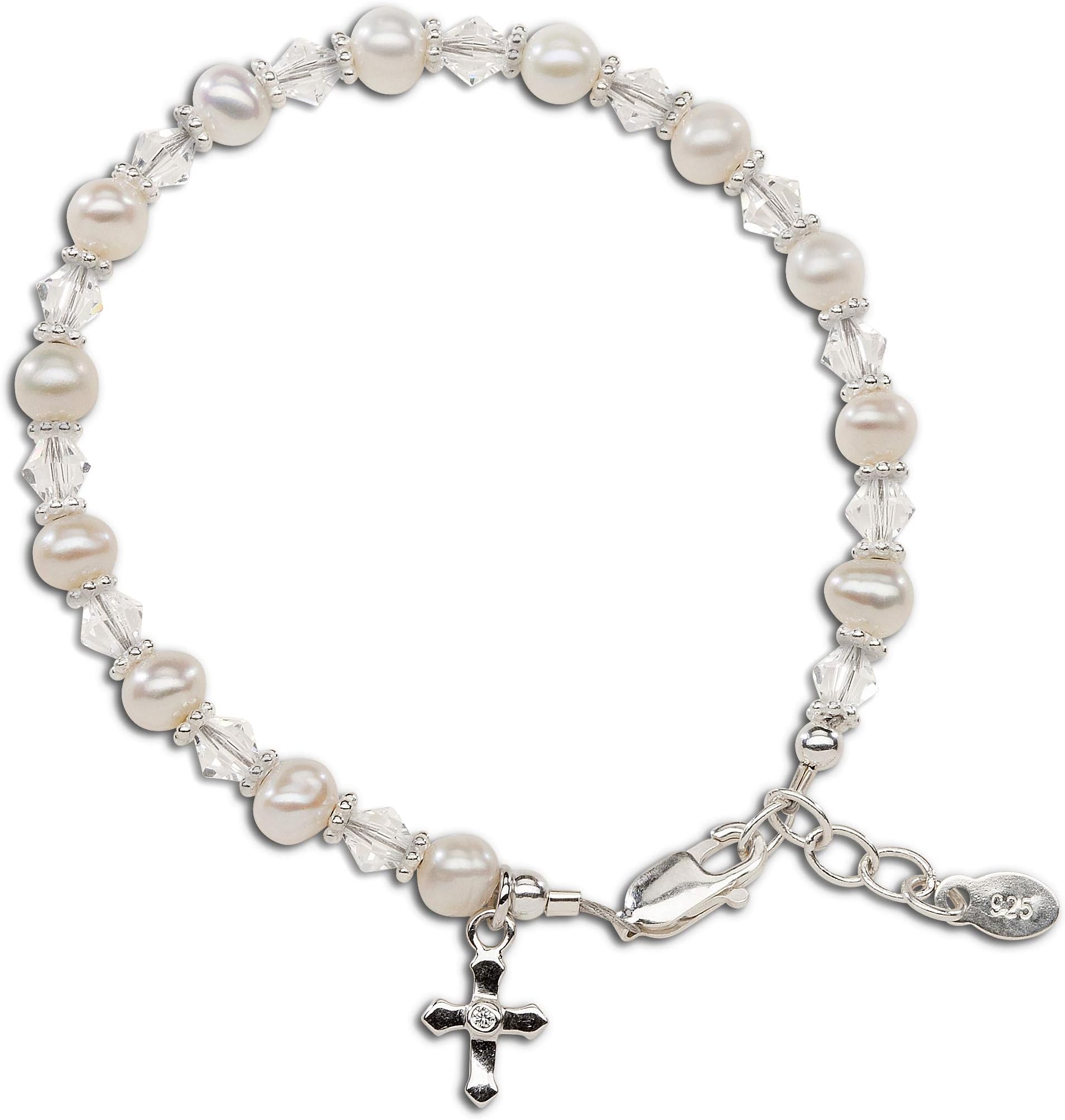 Precious PiecesChildren's Sterling Silver Cross Bracelet and/or Necklace with Cultured Pearl and Crystal First Communion, Baptism or Christening Gift