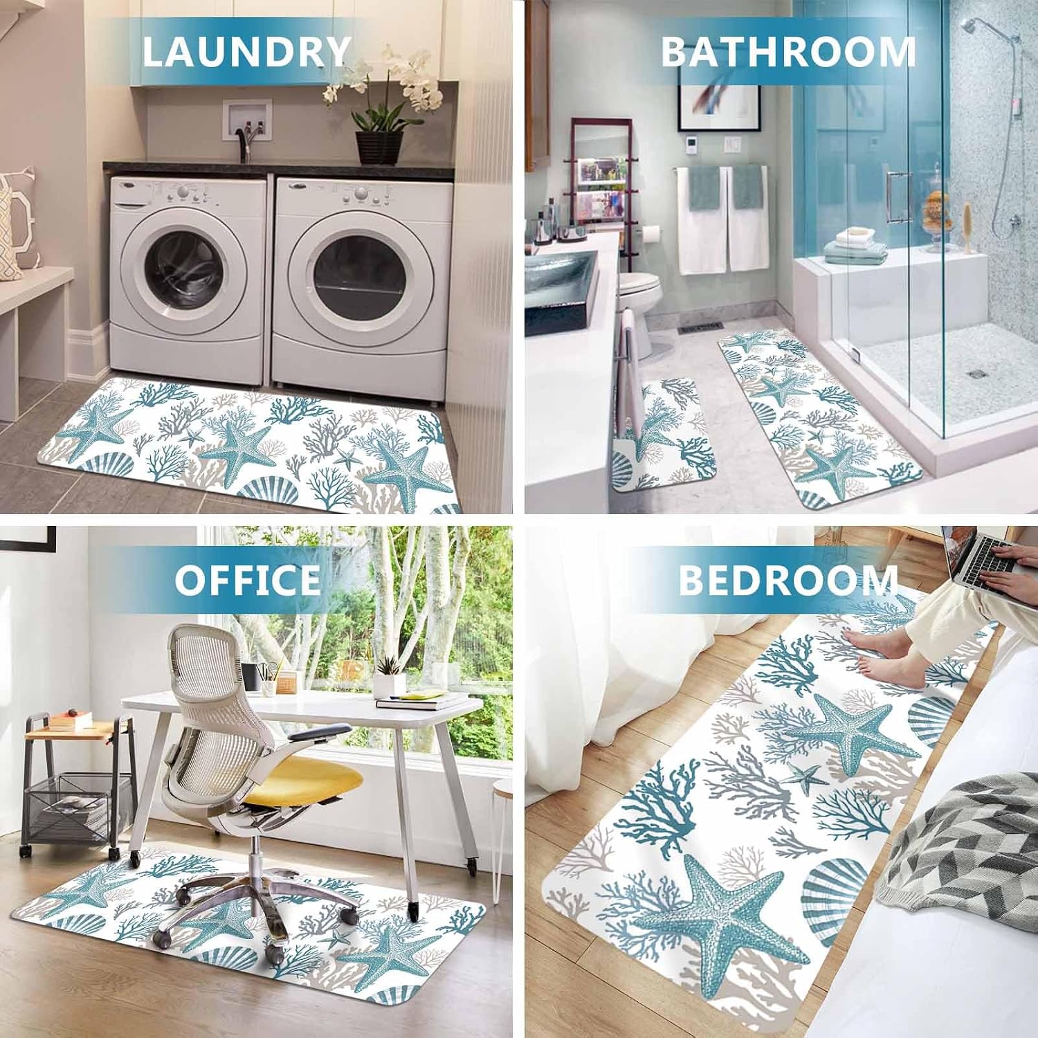 Prime Leader Coastal Starfish Kitchen Mat Set 2 Pieces Blue Gray Shell Coral Ocean Summer Non Slip Kitchen Rugs Washable Runner Rug Mats for Floor Sink Laundry Office 15.7" x 23.6"+15.7" x 47.2"
