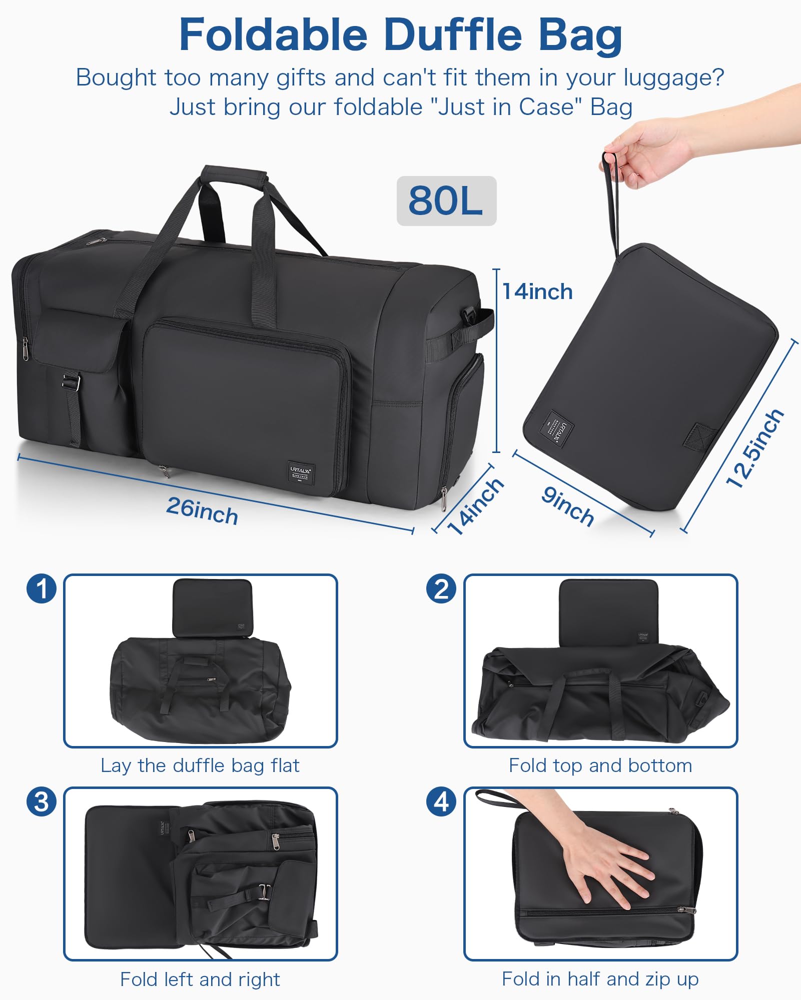 Urtala Sac de Voyage Pliable pour Hommes et Femmes, 80l Grand Sac Voyage Imperméable avec Compartiment à Chaussures, Bagage à Main/Sac de Sport