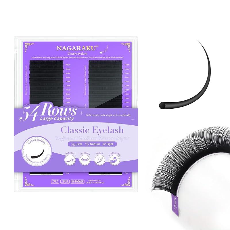 Extensões de Cílios NAGARAKU D Curl 0,12 mm, 7 a 15 mm, 54 fileiras, Preto Fosco