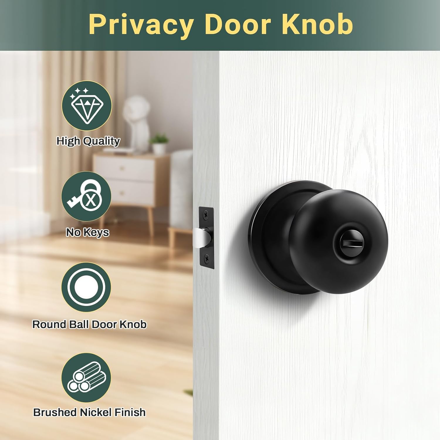 Privacy Door Knob with Lock, Keyless Door Knob Interior for Bedroom and Bathroom, Easy Install Quiet Round Knob for Standard Doors, Matte Black, 3 Pack