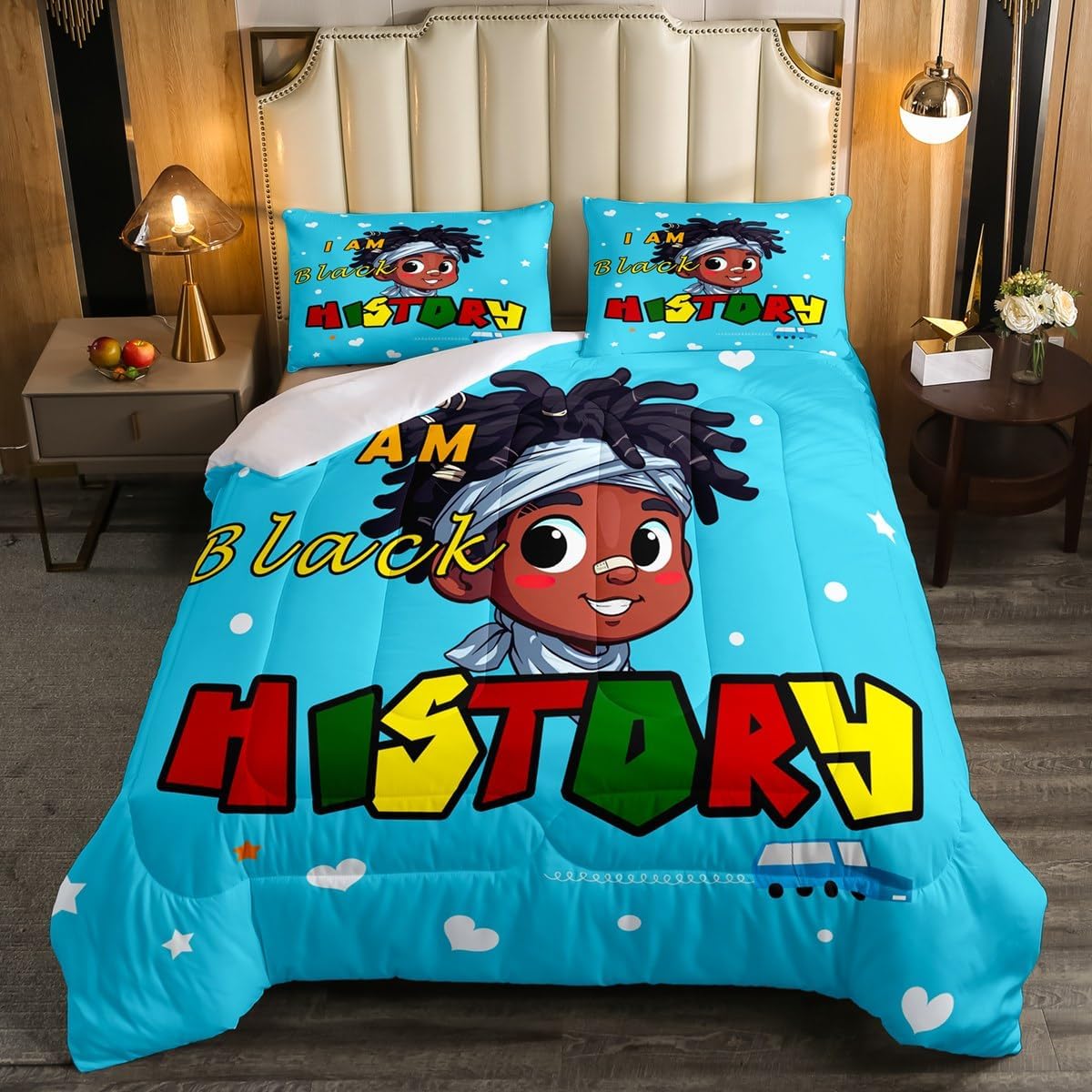 Erosebridal Queen Comforter Set for Boys American Boy Bedding Bedroom Decor, Cute Afro Melanin Prince Toddler Bedding Set for Kids Juneteenth Gifts Black Afro-Boy Duvet Insert with 2 Pillowcases