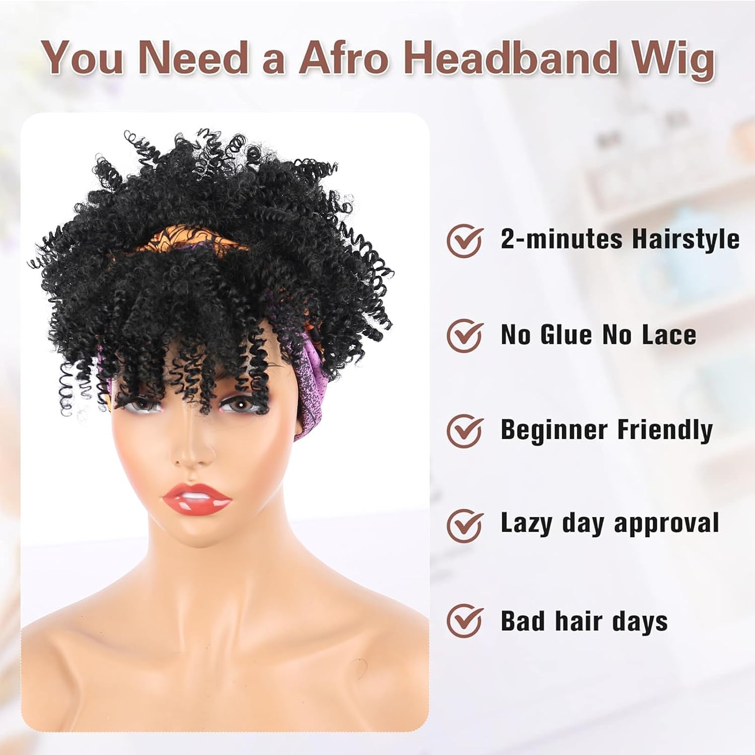 Aisaide Kinky Curly Headband Wig Short Black Afro Wigs for Black Women Synthetic Kinky Curly Headband Wig with Bangs for Women Natural Afro Puff with Bangs Turban Wrap-Wig 4inch image 5