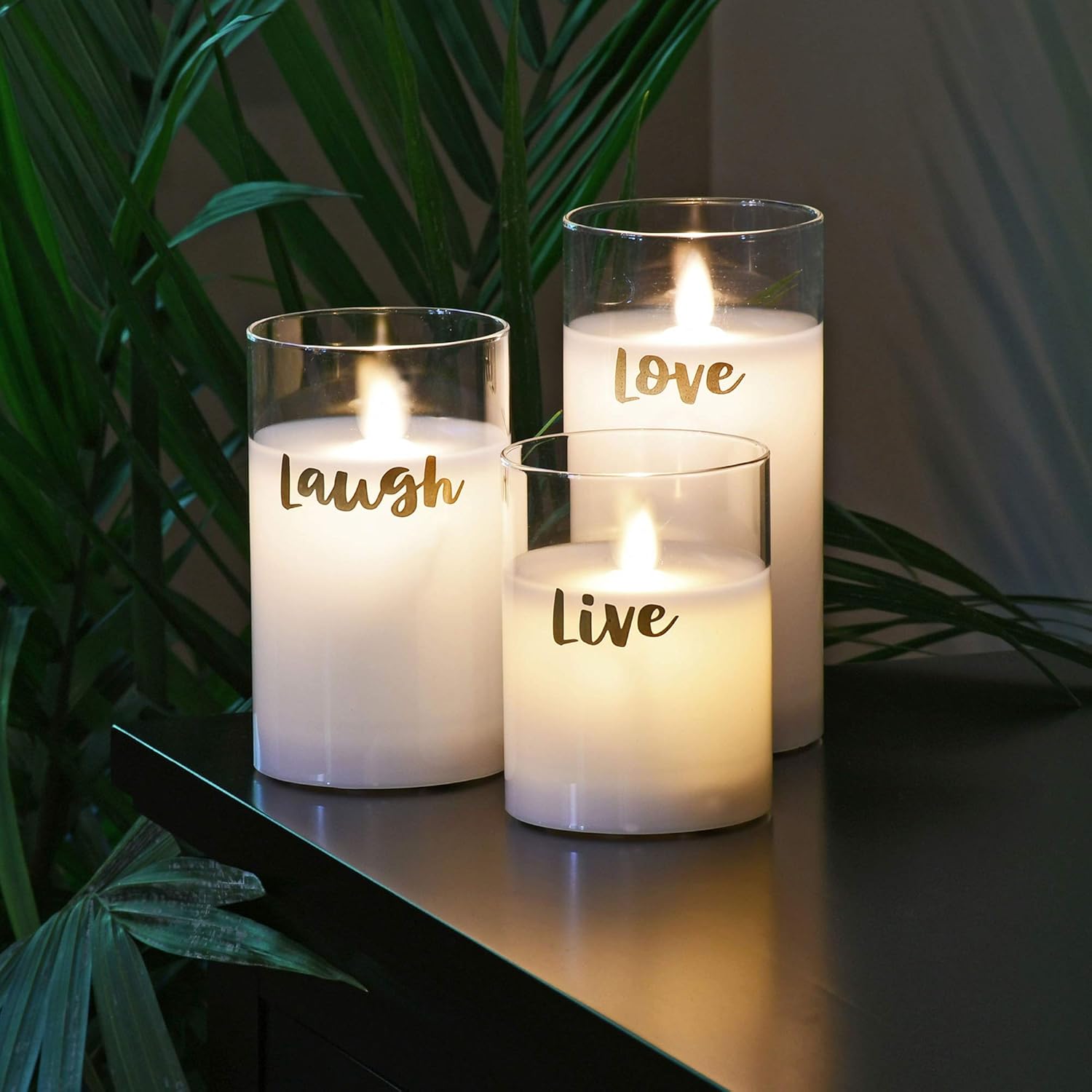 LumaBase Battery Operated LED Glass Candles with Flickering Flame, Live Laugh Love - Set of 3