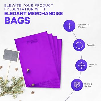 Plastic Shopping Bag with Die Cut Handle, Purple, 16x18 Inches, 100 Pack