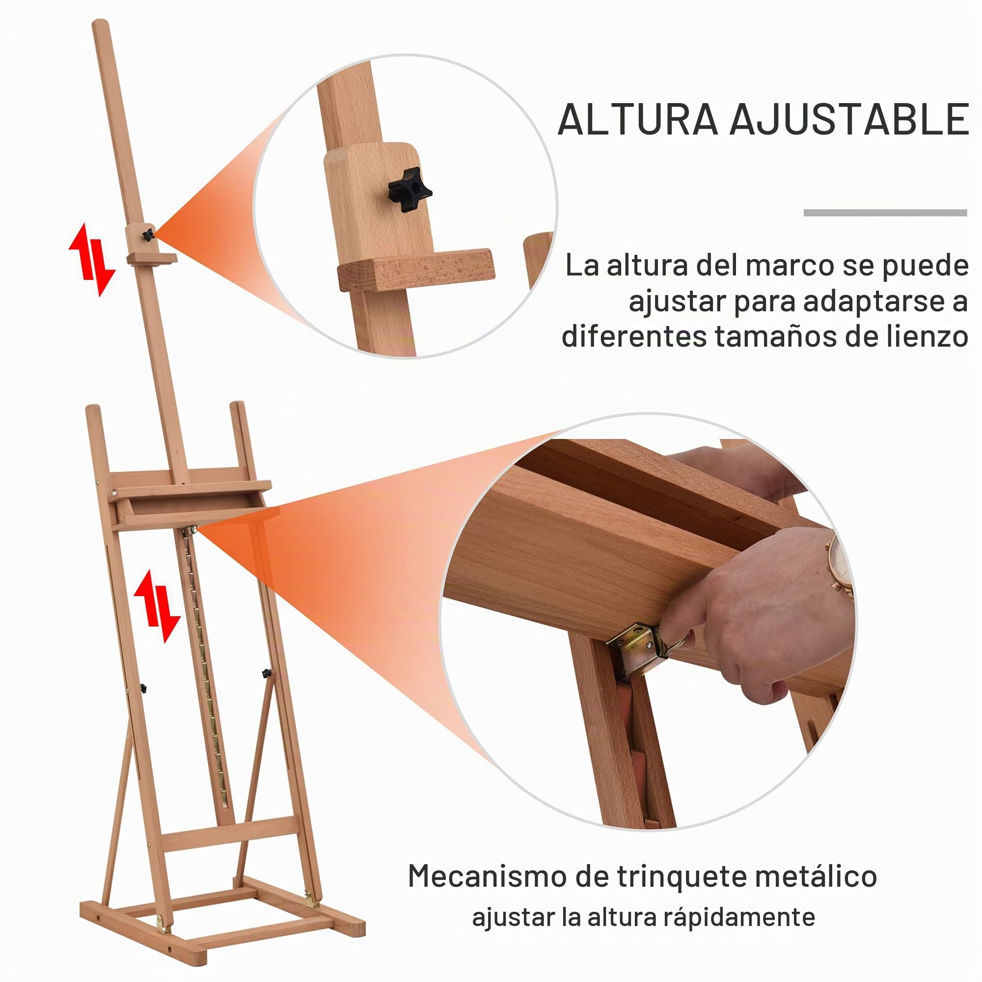 Caballete de artista con patas de altura ajustable, 16 niveles de inclinación ajustable 80° máx. nicho almacenamiento de madera de haya
