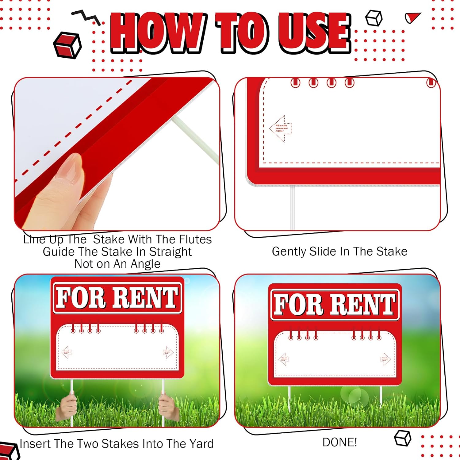Thyle 12 Pcs for Rent Signs with Stakes 16" x 12" Corrugated Plastic for Rent Yard Signs with Arrows