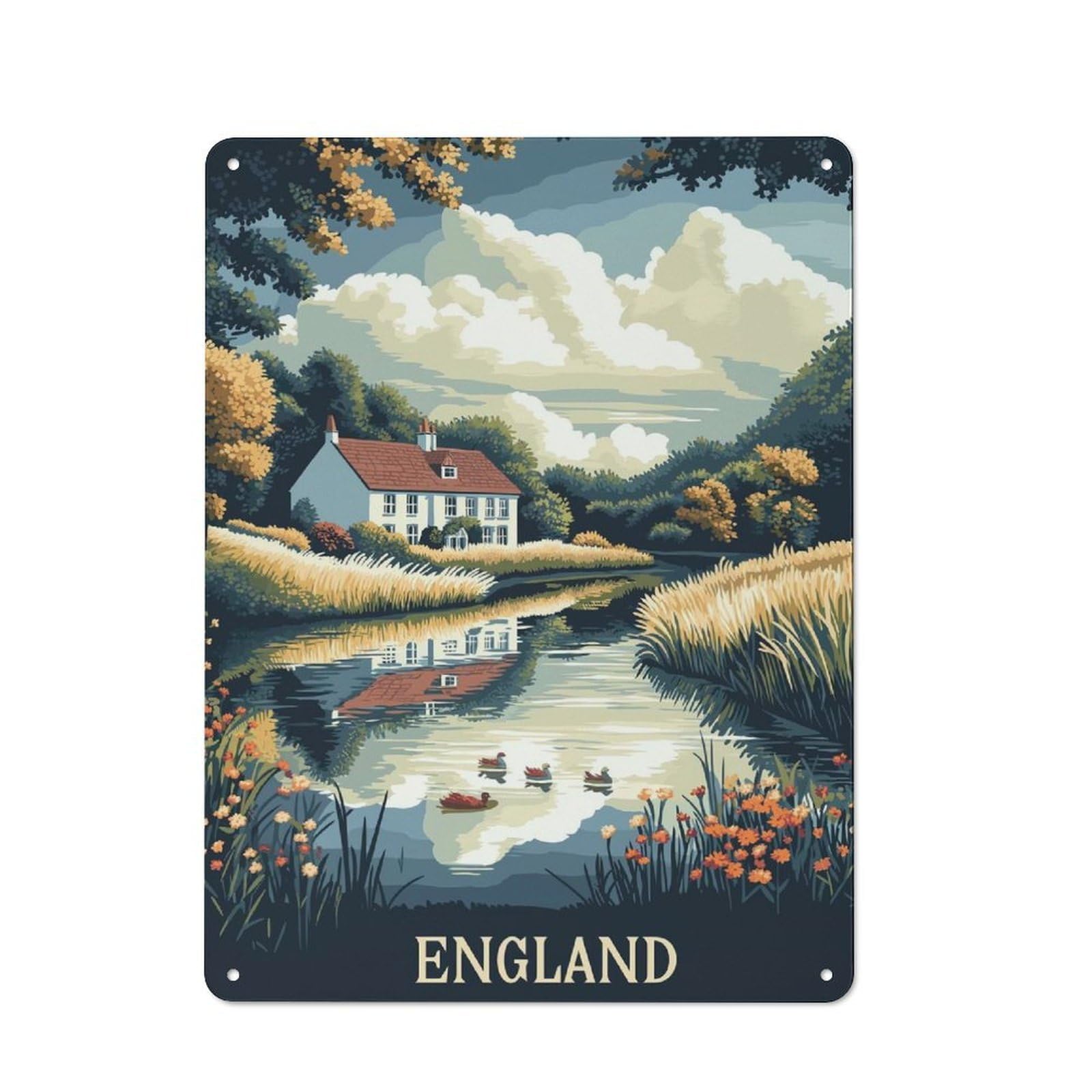 Junmoney Style-23 England Countryside River Scene Industrial Metal Wall Decor 40X30cm, Retro Metal Sign For Workshop, Basement, Shed Or Games Room