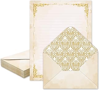 Whaline 60 Vintage Stationery Paper Set Gold Border Letter Writing Paper with Envelopes for Greeting Card Invitation Office Printing, 8.5 x 11 Inch
