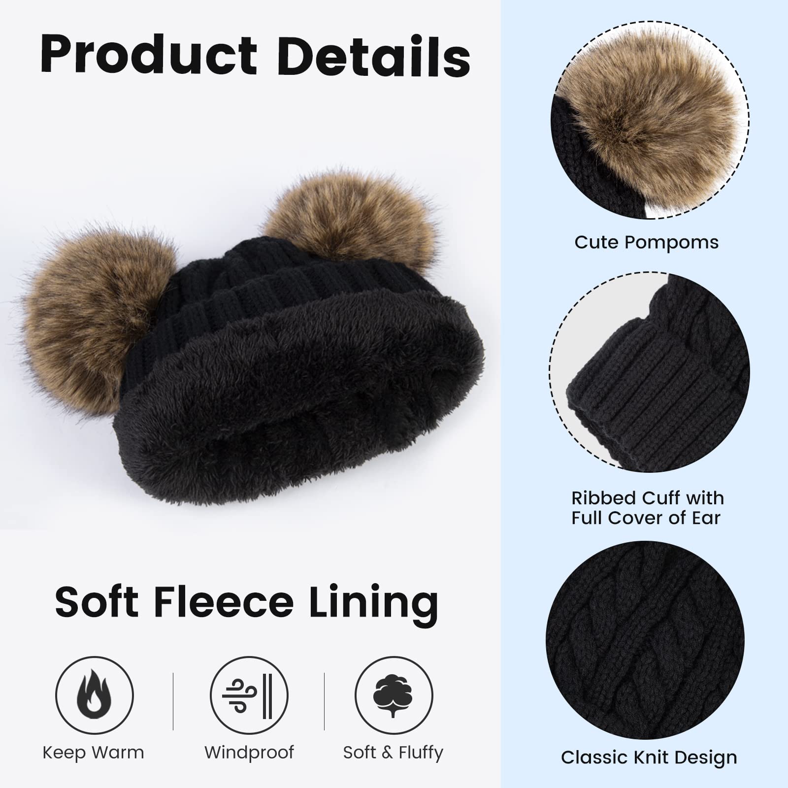 Jasmine Black Pom Pom Beanie for Women - Fleece Lined Ski Snow Winter Hat