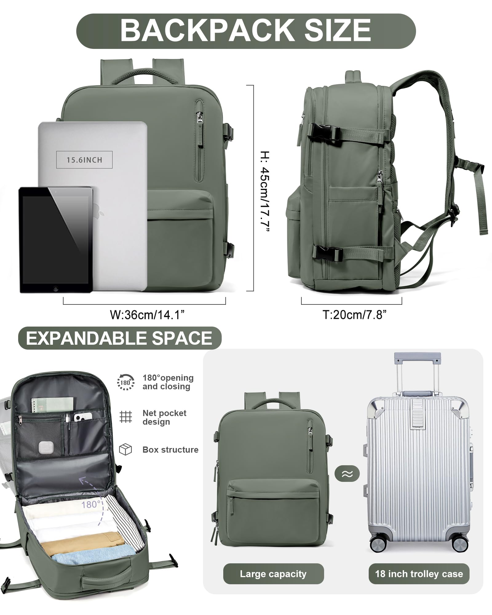 Zaino da Viaggio per Easyjet 45x36x20 Bagaglio a Mano Zaino Borse da Cabina per Easyjet Il Sedile Zaino Aereo Bagaglio a Mano Donna Borsa Cabina Viaggio Zaino Viaggio Casual Daypack,esercito verde