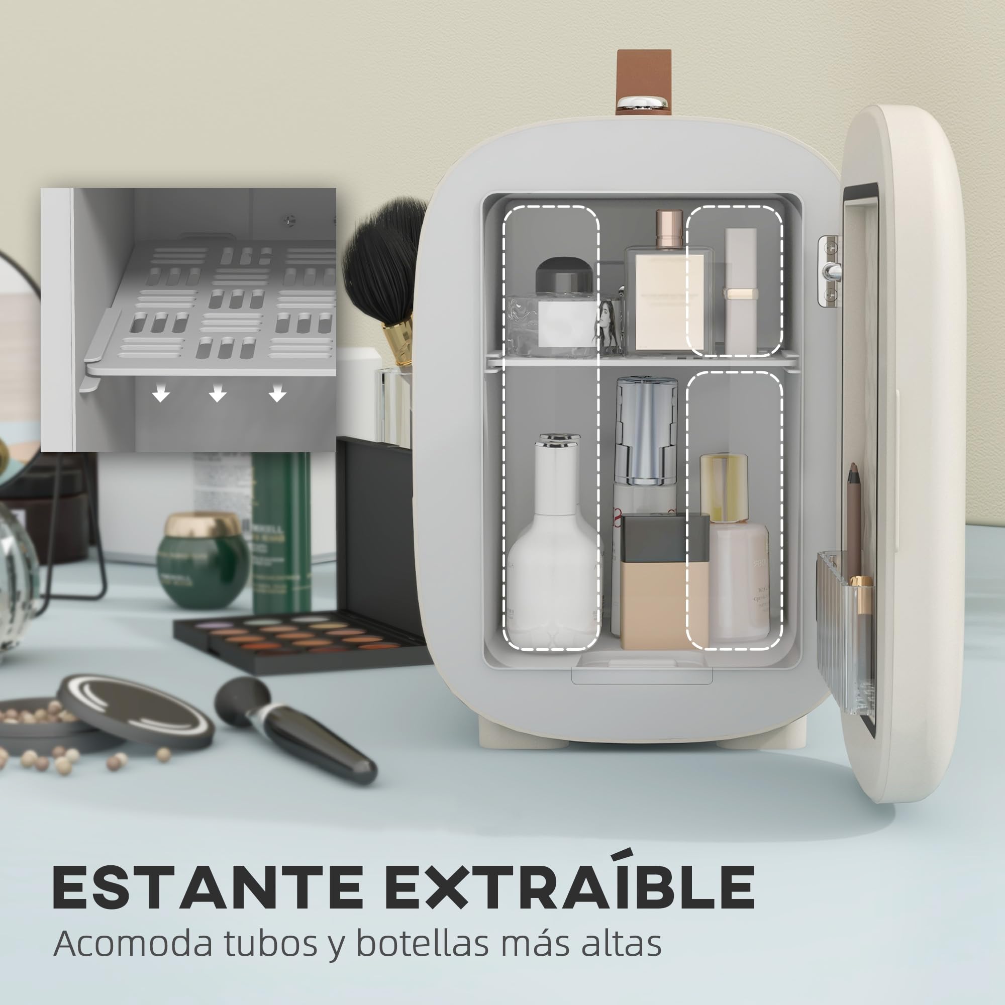 HOMCOM Mini Nevera Cosméticos 4L Extrasilenciosa 20,3x26,3x28 cm Crema | Nevera Pequeña, 9V/240V, Enfriar y Calentar, Mini Frigorífico, Dormitorio Oficina, Maquillaje Bebidas
