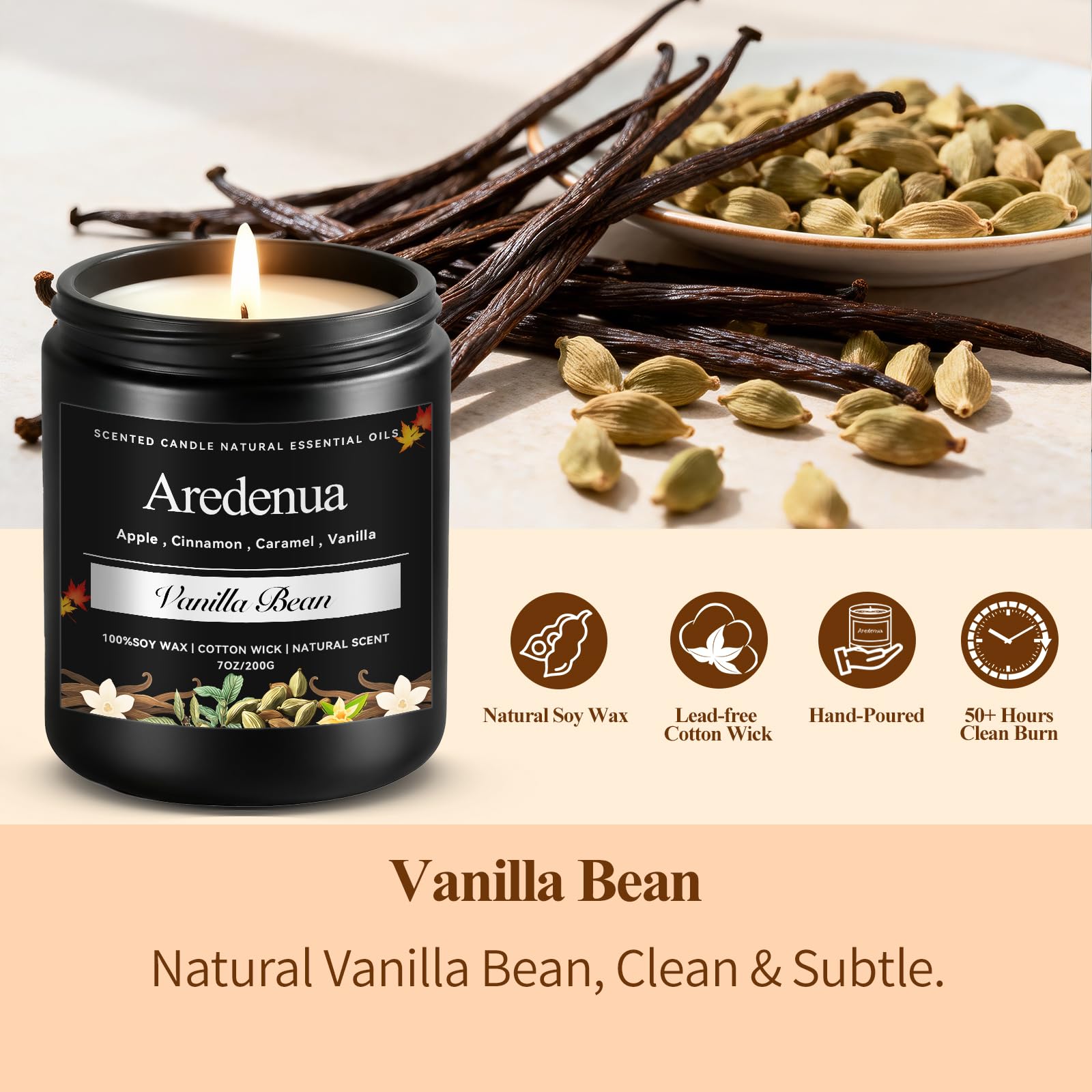 Vanillebohnen-Kerze, Soja-Kerzen mit warmem, süßem Vanille-Aroma, entspannende Duftkerze, gemütliches Winterkerze, Geschenk für Damen und Herren