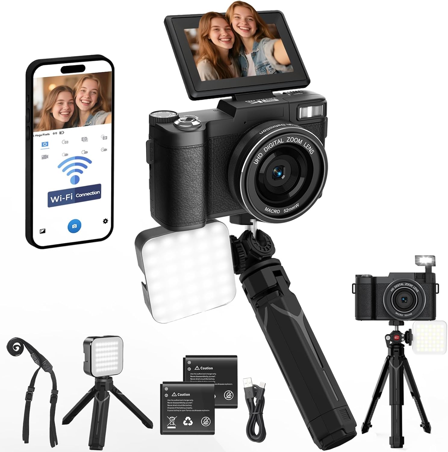 5K Vlogging Camera with WiFi 64MP 4K Digital Camera for Photography Vlog Camera with Flip Screen Video Camera for YouTube with Selfie Light