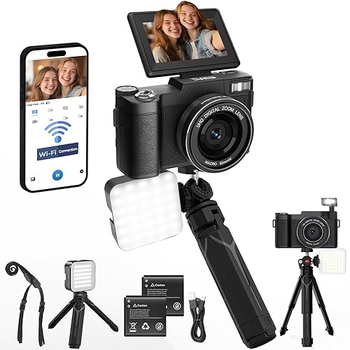 5K Vlogging Camera with WiFi 64MP 4K Digital Camera for Photography Vlog Camera with Flip Screen Video Camera for YouTube with Selfie Light, Desk Tripod, Batteries